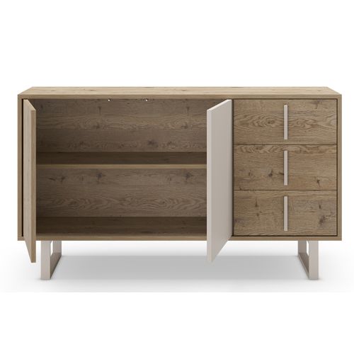 Buffet, Meuble De Rangement Avec 2 Portes Et 3 Tiroirs Aspect Bois Coloris Chêne Et Métal