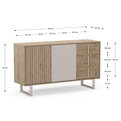 Buffet, Meuble De Rangement Avec 2 Portes Et 3 Tiroirs Aspect Bois Coloris Chêne Et Métal