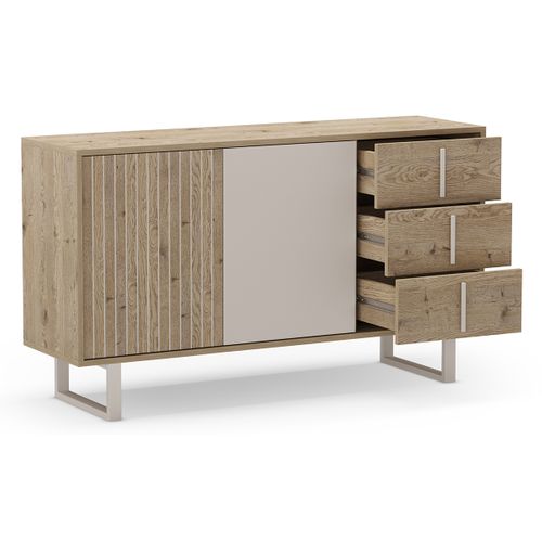 Buffet, Meuble De Rangement Avec 2 Portes Et 3 Tiroirs Aspect Bois Coloris Chêne Et Métal