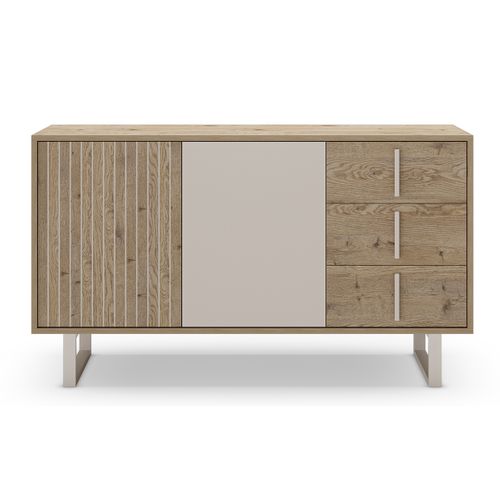 Buffet, Meuble De Rangement Avec 2 Portes Et 3 Tiroirs Aspect Bois Coloris Chêne Et Métal