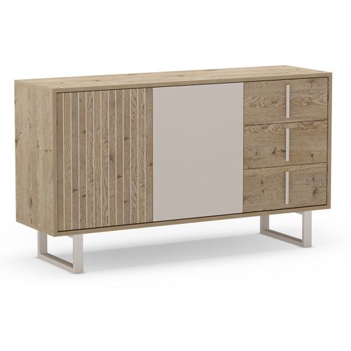 Buffet, Meuble De Rangement Avec 2 Portes Et 3 Tiroirs Aspect Bois Coloris Chêne Et Métal