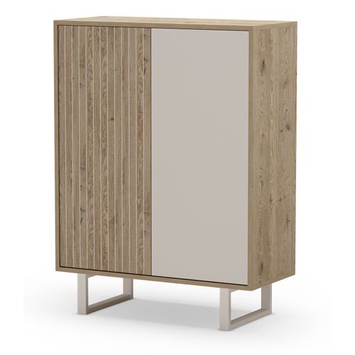 Buffet, Meuble De Rangement Avec 2 Portes Aspect Bois Coloris Chêne, Gris Et Pieds En Métal