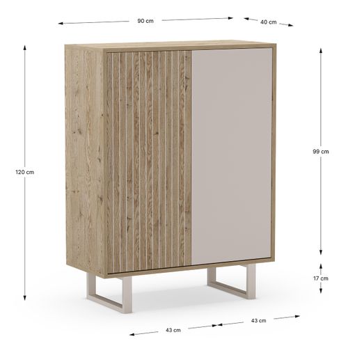 Buffet, Meuble De Rangement Avec 2 Portes Aspect Bois Coloris Chêne, Gris Et Pieds En Métal