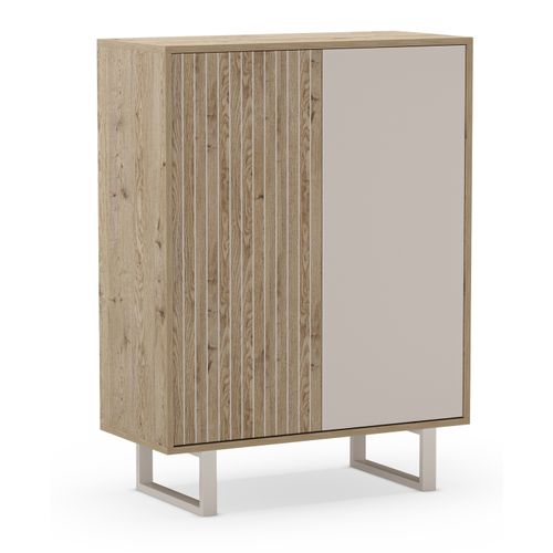 Buffet, Meuble De Rangement Avec 2 Portes Aspect Bois Coloris Chêne, Gris Et Pieds En Métal