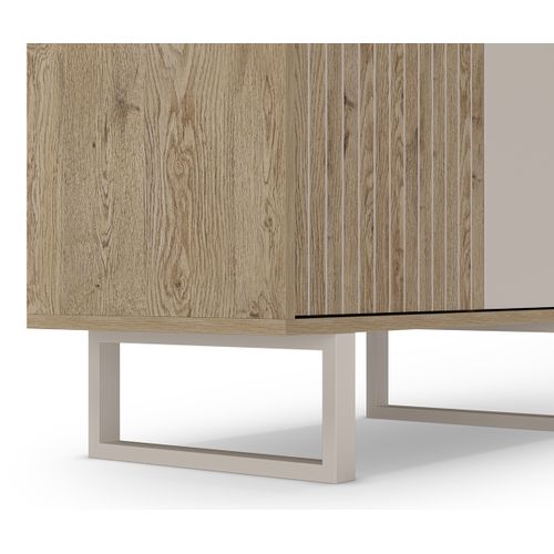 Buffet, Meuble De Rangement Avec 2 Portes Aspect Bois Coloris Chêne, Gris Et Pieds En Métal