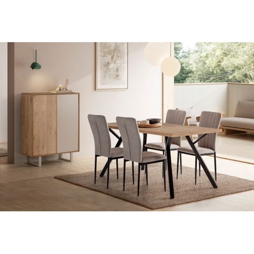 Buffet, Meuble De Rangement Avec 2 Portes Aspect Bois Coloris Chêne, Gris Et Pieds En Métal