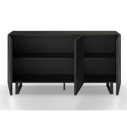 Buffet, Meuble De Rangement Avec 3 Portes Aspect Bois Coloris Noir, Pieds En Métal Noir