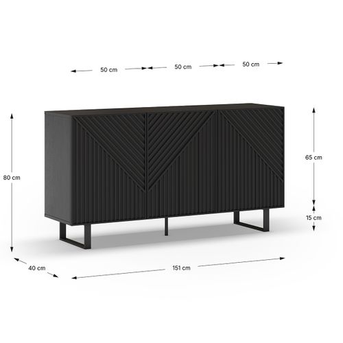Buffet, Meuble De Rangement Avec 3 Portes Aspect Bois Coloris Noir, Pieds En Métal Noir