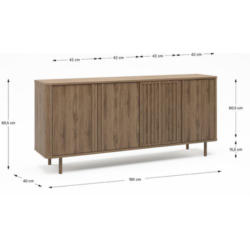 Buffet, Meuble De Rangement Avec 4 Portes Aspect Bois Coloris Chêne - L. 180 X P. 40 X H. 80 Cm