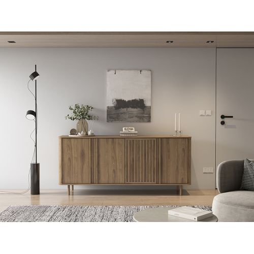 Buffet, Meuble De Rangement Avec 4 Portes Aspect Bois Coloris Chêne - L. 180 X P. 40 X H. 80 Cm