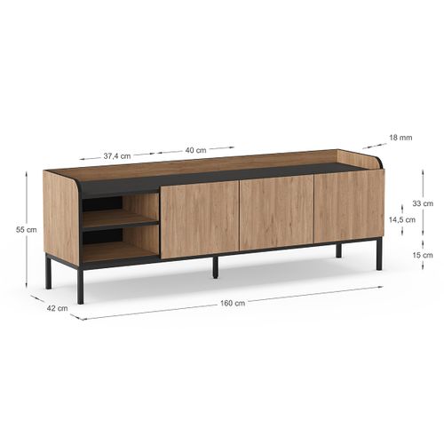 Meuble TV, Meuble De Salon Aspect Bois Avec 3 Portes Coloris Naturel, Pieds En Métal Noir