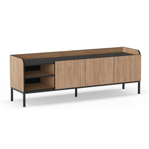 Meuble TV, Meuble De Salon Aspect Bois Avec 3 Portes Coloris Naturel, Pieds En Métal Noir