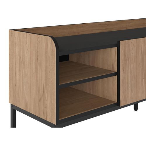 Meuble TV, Meuble De Salon Aspect Bois Avec 3 Portes Coloris Naturel, Pieds En Métal Noir