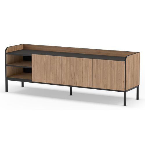 Meuble TV, Meuble De Salon Aspect Bois Avec 3 Portes Coloris Naturel, Pieds En Métal Noir