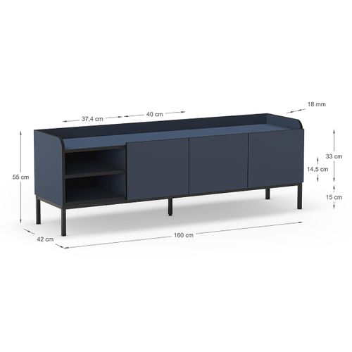 Meuble TV, Meuble De Salon Aspect Bois Coloris Bleu, Pieds En Métal Noir