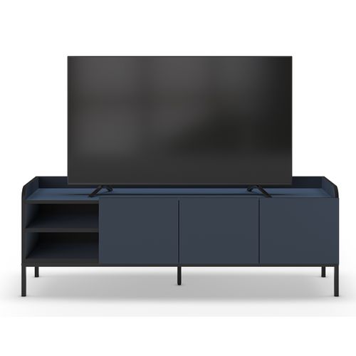 Meuble TV, Meuble De Salon Aspect Bois Coloris Bleu, Pieds En Métal Noir
