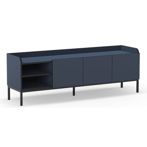Meuble TV, Meuble De Salon Aspect Bois Coloris Bleu, Pieds En Métal Noir