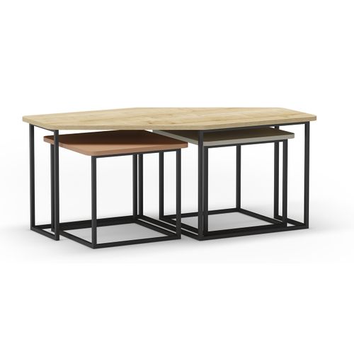 Set De 3 Tables Basses, Tables De Salon Aspect Bois Coloris Chêne, Terracotta, Vert