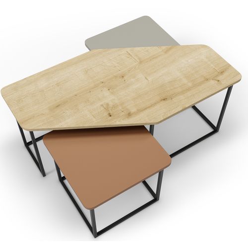 Set De 3 Tables Basses, Tables De Salon Aspect Bois Coloris Chêne, Terracotta, Vert