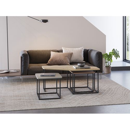 Set De 3 Tables Basses, Tables De Salon Aspect Bois Coloris Chêne, Terracotta, Vert