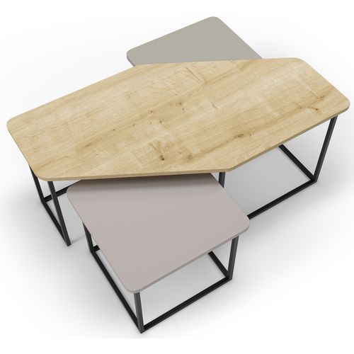 Set De 3 Tables Basses, Tables De Salon Aspect Bois Coloris Chêne, Crème, Vert Et Pieds En Métal