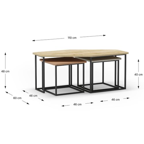Set De 3 Tables Basses, Tables De Salon Aspect Bois Coloris Chêne, Crème, Vert Et Pieds En Métal