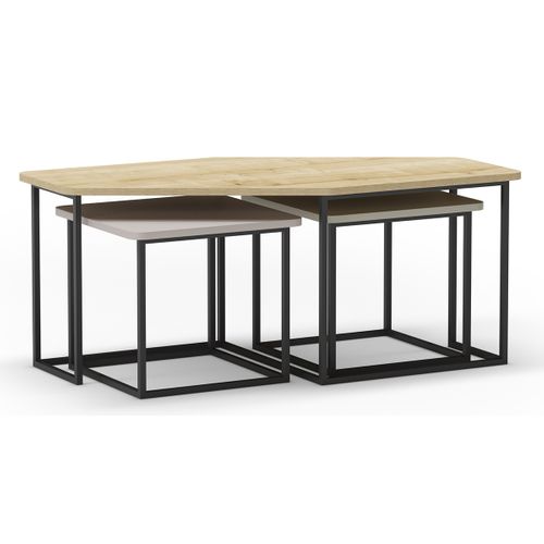 Set De 3 Tables Basses, Tables De Salon Aspect Bois Coloris Chêne, Crème, Vert Et Pieds En Métal