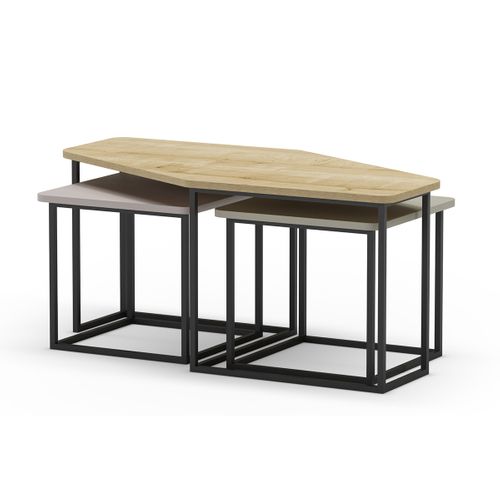 Set De 3 Tables Basses, Tables De Salon Aspect Bois Coloris Chêne, Crème, Vert Et Pieds En Métal