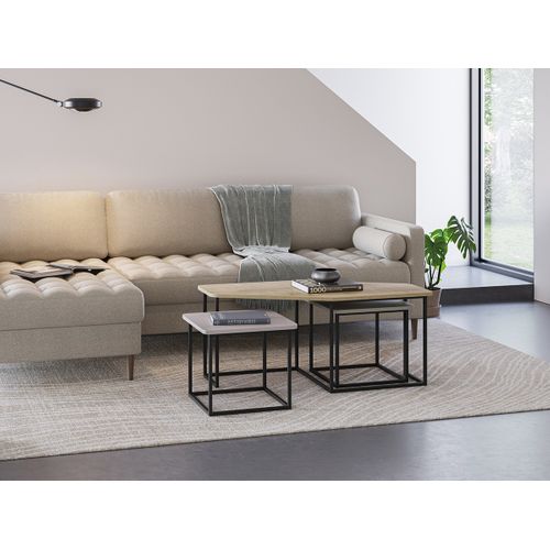 Set De 3 Tables Basses, Tables De Salon Aspect Bois Coloris Chêne, Crème, Vert Et Pieds En Métal