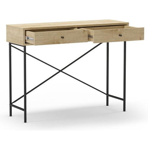 Meuble Console, Table De Console Avec 2 Tiroirs Aspect Bois Coloris Chêne Et Pieds En Métal Noir