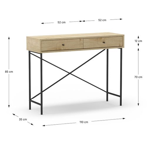 Meuble Console, Table De Console Avec 2 Tiroirs Aspect Bois Coloris Chêne Et Pieds En Métal Noir