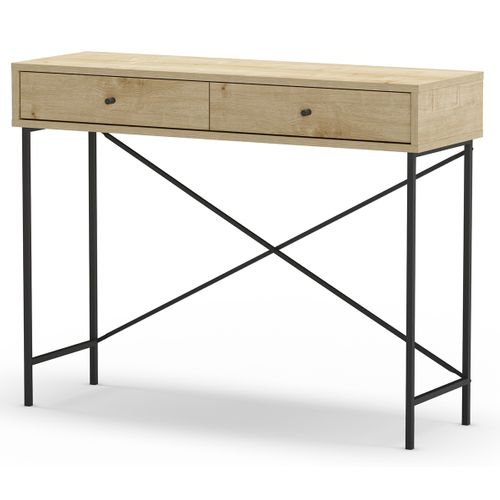 Meuble Console, Table De Console Avec 2 Tiroirs Aspect Bois Coloris Chêne Et Pieds En Métal Noir