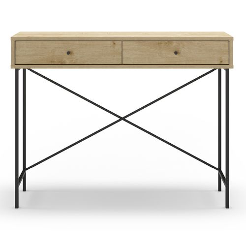 Meuble Console, Table De Console Avec 2 Tiroirs Aspect Bois Coloris Chêne Et Pieds En Métal Noir