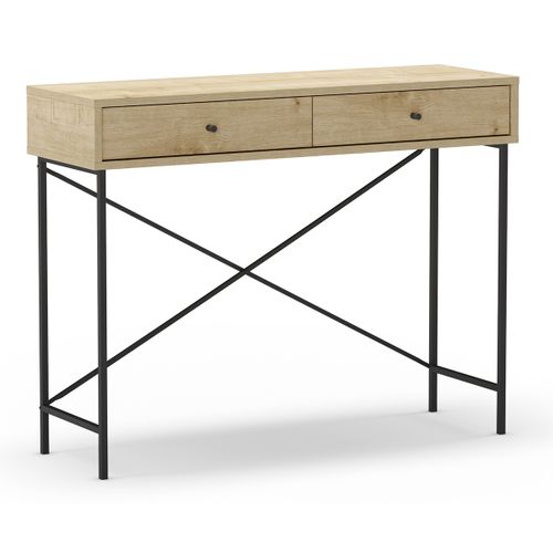 Meuble Console, Table De Console Avec 2 Tiroirs Aspect Bois Coloris Chêne Et Pieds En Métal Noir