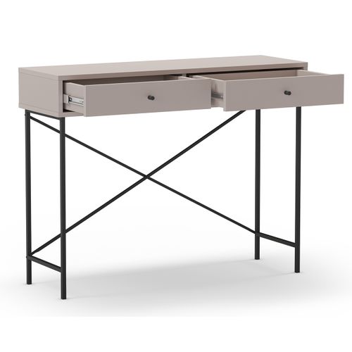 Meuble Console, Table De Console Avec 2 Tiroirs Aspect Bois Coloris Moka Et Pieds En Métal Noir