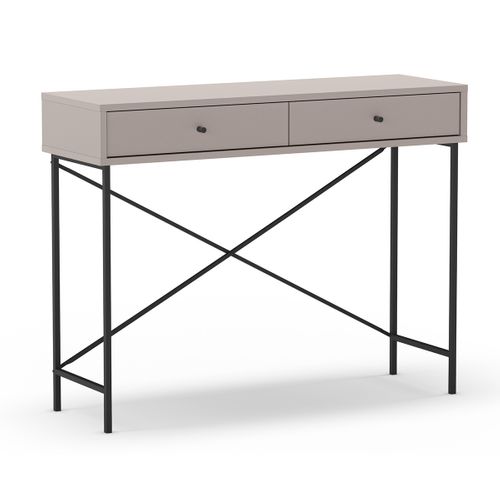 Meuble Console, Table De Console Avec 2 Tiroirs Aspect Bois Coloris Moka Et Pieds En Métal Noir
