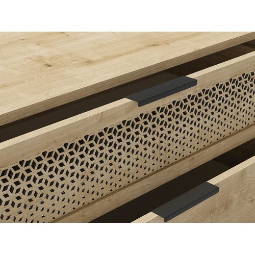 Commode, Meuble De Rangement Avec 3 Tiroirs Aspect Bois Coloris Chêne, Pieds En Métal Noir