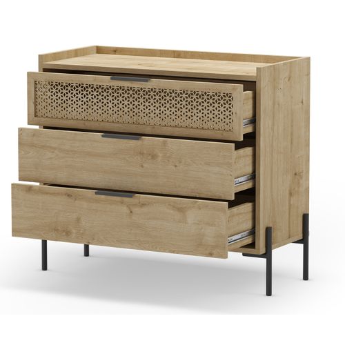Commode, Meuble De Rangement Avec 3 Tiroirs Aspect Bois Coloris Chêne, Pieds En Métal Noir