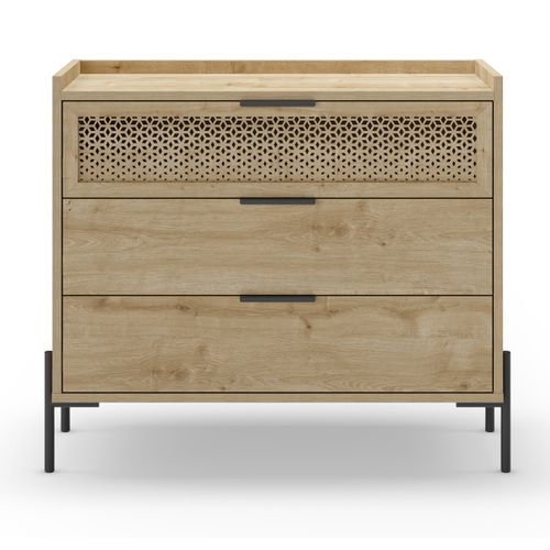 Commode, Meuble De Rangement Avec 3 Tiroirs Aspect Bois Coloris Chêne, Pieds En Métal Noir