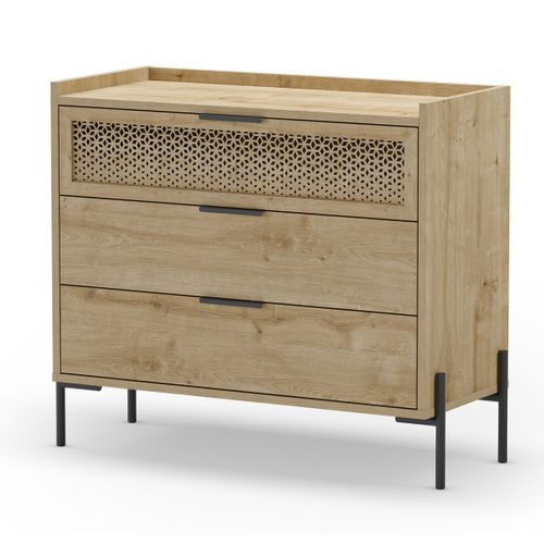 Commode, Meuble De Rangement Avec 3 Tiroirs Aspect Bois Coloris Chêne, Pieds En Métal Noir