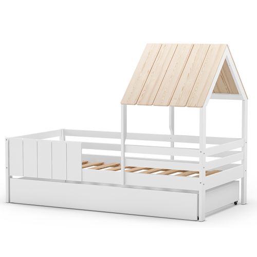Lit Cabane Pour Enfant En Bois Coloris Blanc Avec Tiroir Intégré, Couchage 90 X 190 Cm