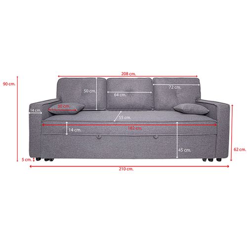 Canapé Lit, Canapé De Salon Avec Accoudoirs En Tissu Coloris Gris - L. 210 X P. 85 X H. 90 Cm