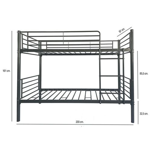 Lit Superposé En Métal Coloris Gris, Couchage 90x190 Cm - L. 200 X P. 97 X H. 161 Cm