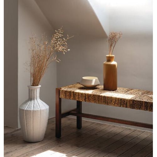 Banc Bout De Lit En Paille Tressé Et Structure En Bois - L. 102 X P. 38 X H. 46 Cm