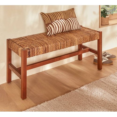 Banc Bout De Lit En Paille Tressé Et Structure En Bois - L. 102 X P. 38 X H. 46 Cm