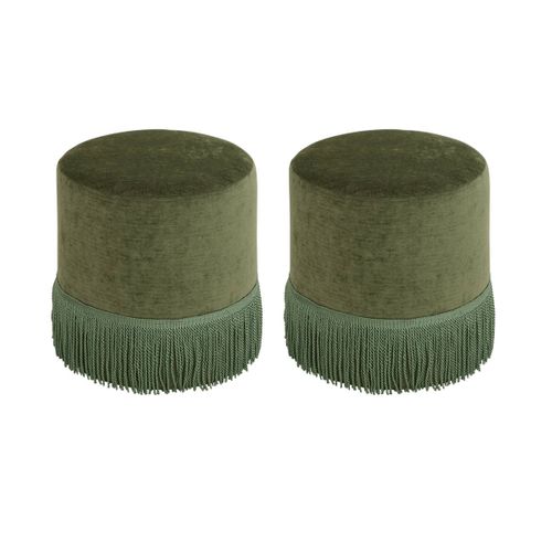 Lot De 2 Pouf Chenille En Velours Vert - Diamètre 37,5 X Profondeur 37,5 X Hauteur 37,8 Cm