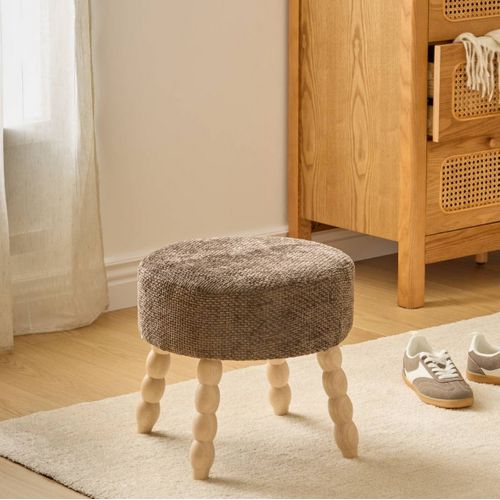 Tabouret Rond Rembourré Tissu Marron Et Pieds En Bois - Diamètre 39 X Profondeur 38 X Hauteur 38 Cm