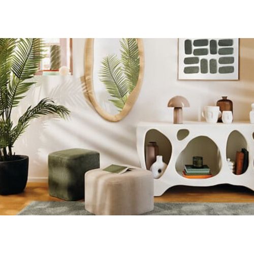 Lot De 2 Poufs Carrés Empilables Coloris Sable Et Vert - Longueur 41 X Profondeur 41 X Hauteur 42 Cm