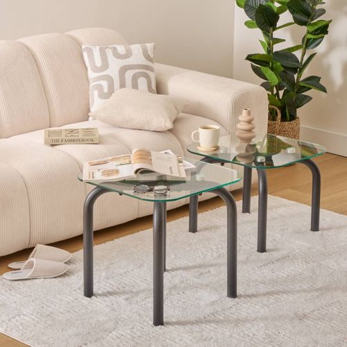 Lot De 2 Tables Basse En Verre Et Métal Noir - Longueur 50 X Largeur.50 X Hauteur 49,5/39,5 Cm