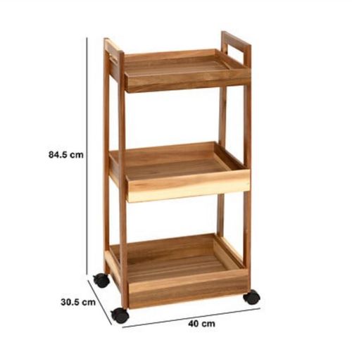 Desserte à Roues 3 Niveaux En Bois D'acacia - Longueur 40 X Largeur 30,5 X Hauteur 84,5 Cm